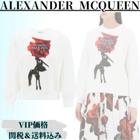 alexander mcqueen  |Crew Neck Flower Patterns Unisex Long Sleeves Plain Cotton