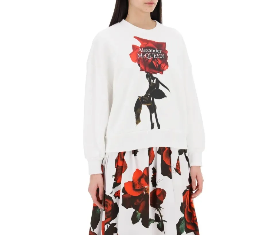 alexander mcqueen  |Crew Neck Flower Patterns Unisex Long Sleeves Plain Cotton