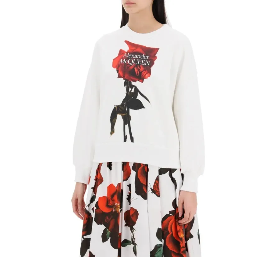 alexander mcqueen  |Crew Neck Flower Patterns Unisex Long Sleeves Plain Cotton