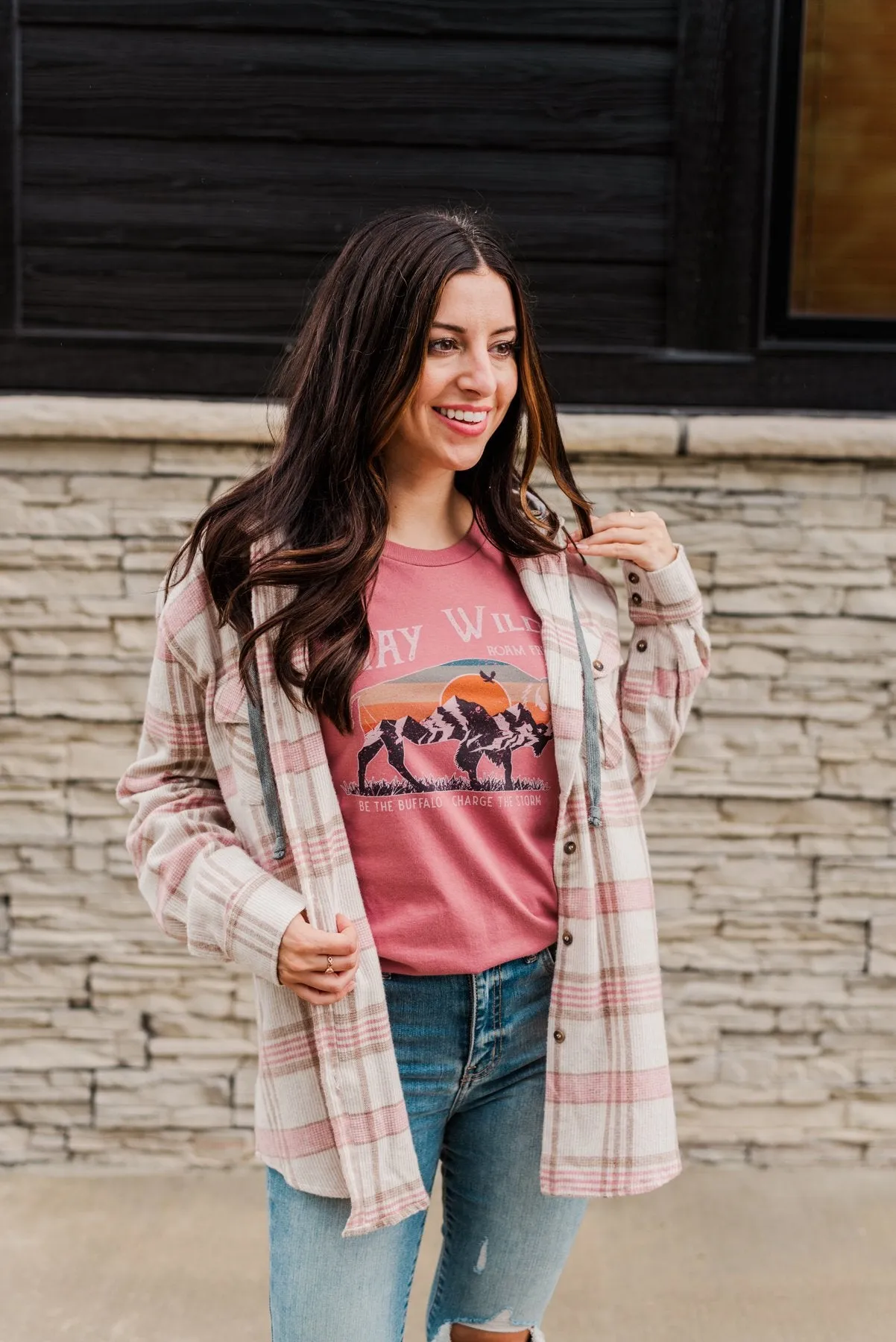 Autumn Is Calling Hooded Plaid Top- Oatmeal, Pink, & Brown