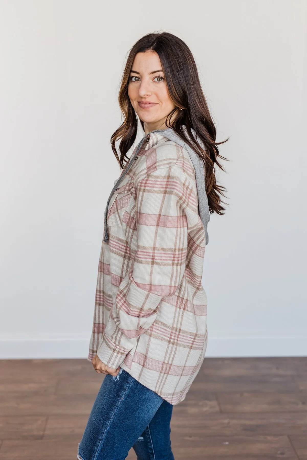 Autumn Is Calling Hooded Plaid Top- Oatmeal, Pink, & Brown