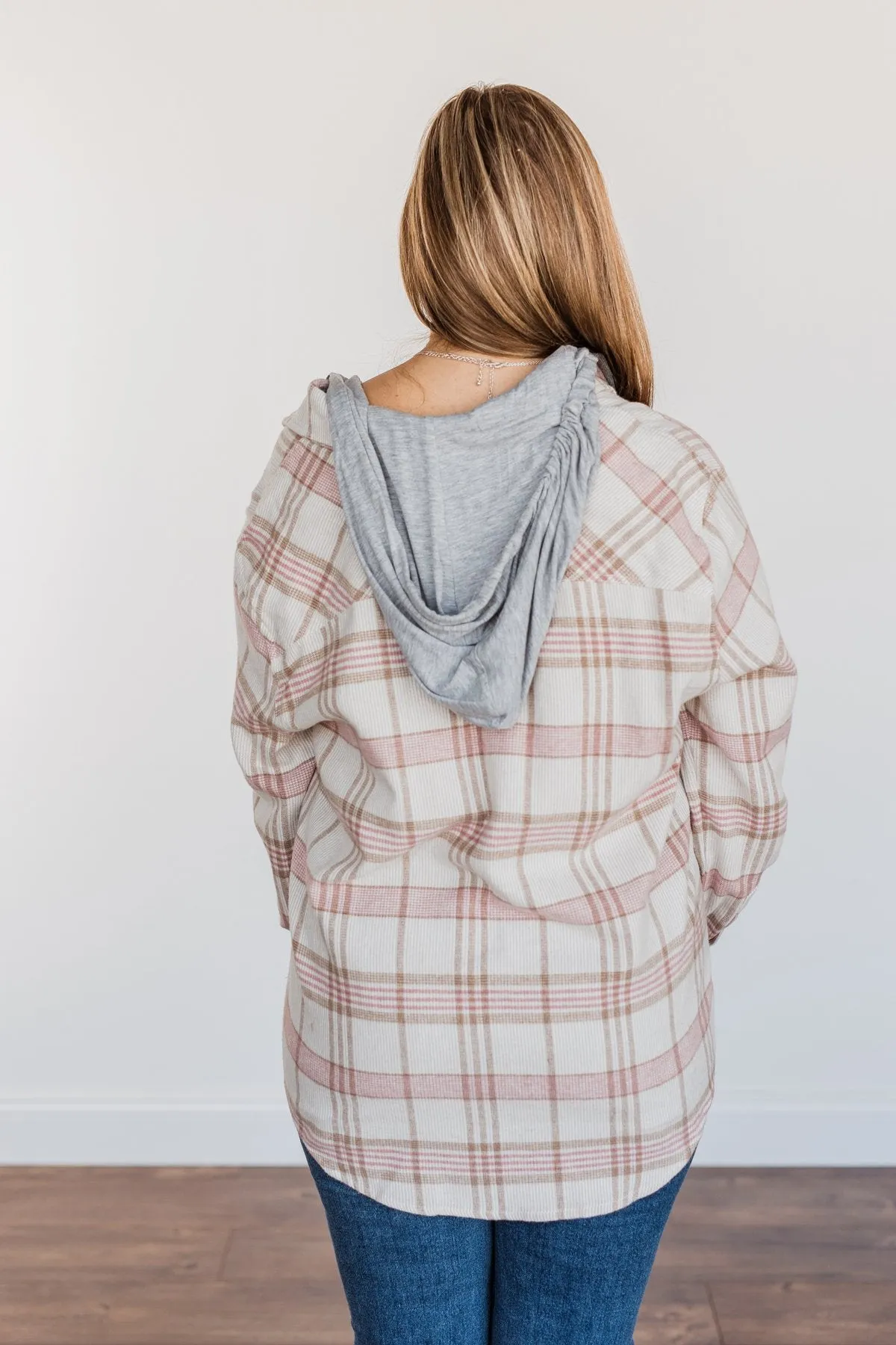 Autumn Is Calling Hooded Plaid Top- Oatmeal, Pink, & Brown