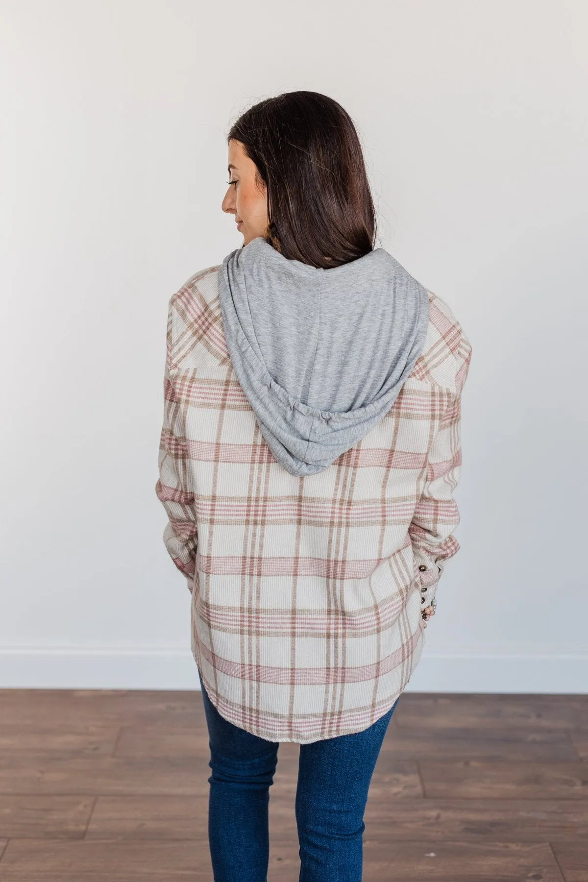 Autumn Is Calling Hooded Plaid Top- Oatmeal, Pink, & Brown