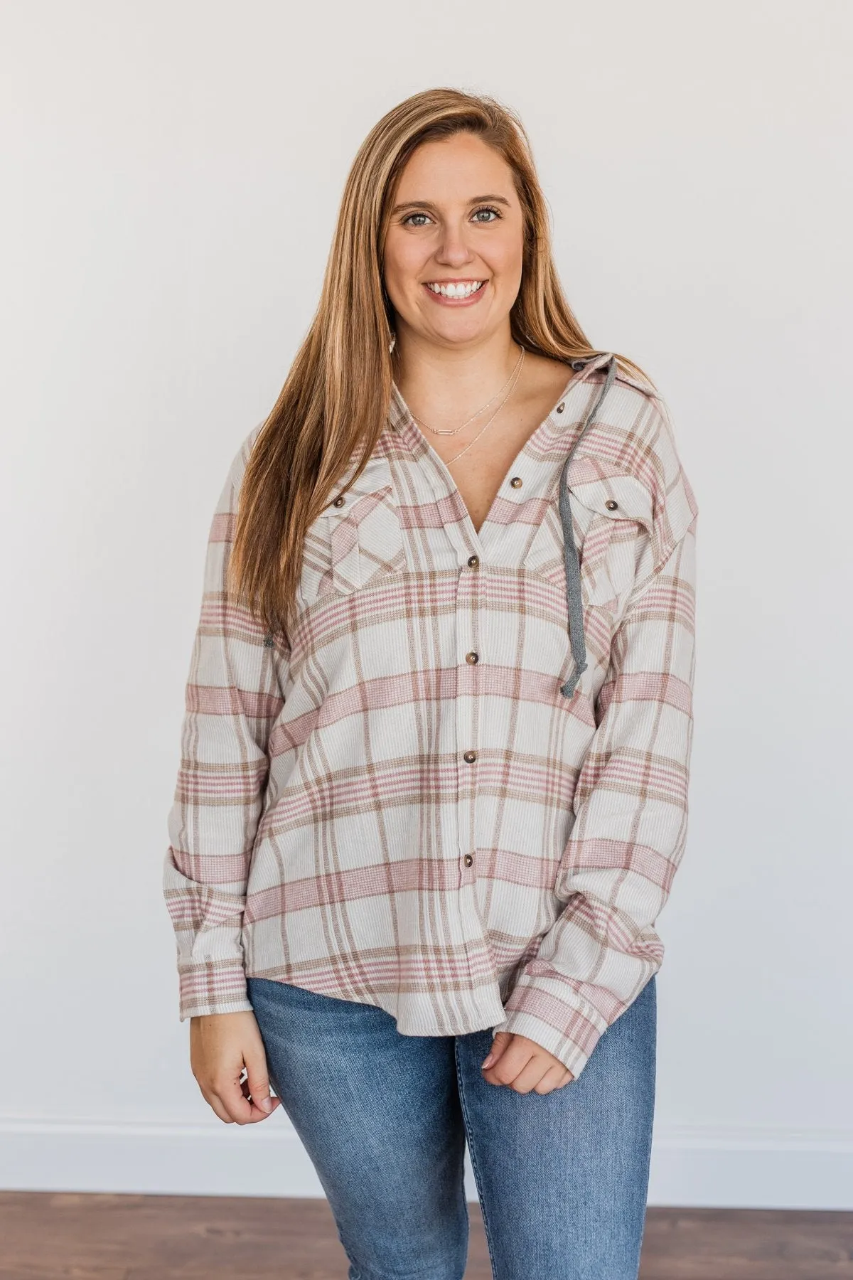 Autumn Is Calling Hooded Plaid Top- Oatmeal, Pink, & Brown