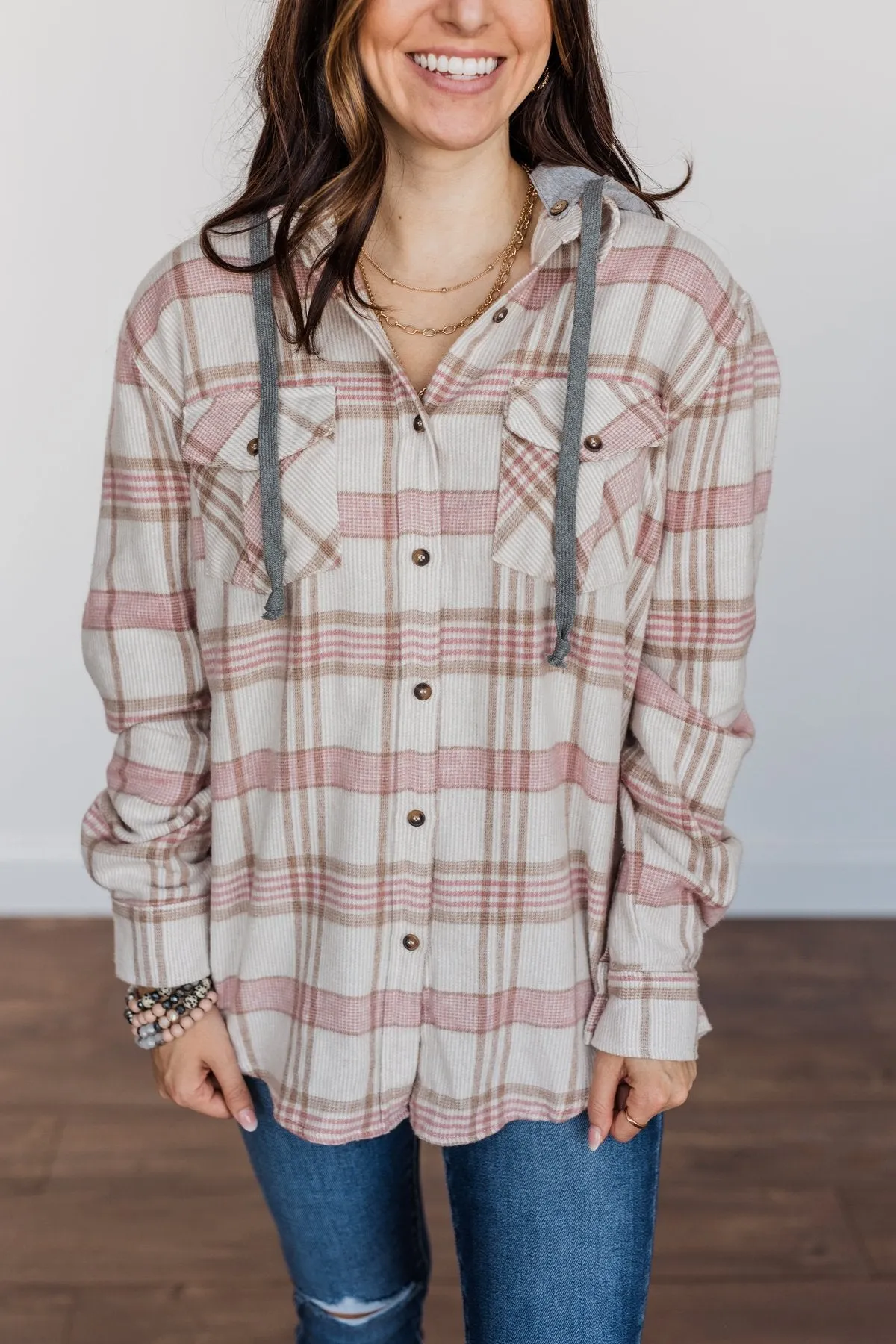 Autumn Is Calling Hooded Plaid Top- Oatmeal, Pink, & Brown