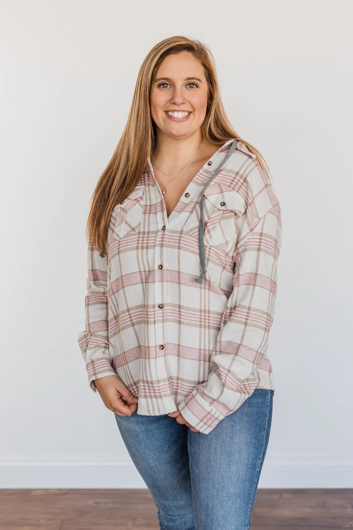 Autumn Is Calling Hooded Plaid Top- Oatmeal, Pink, & Brown