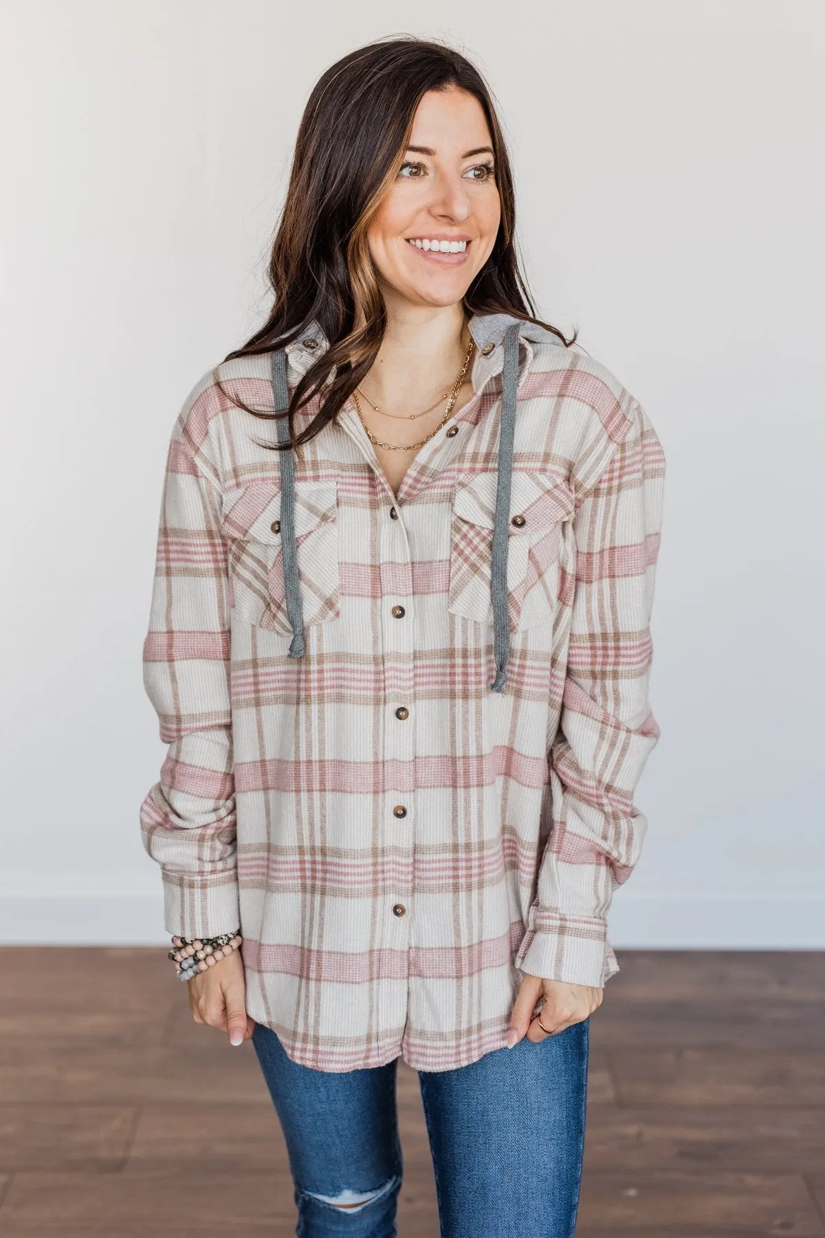 Autumn Is Calling Hooded Plaid Top- Oatmeal, Pink, & Brown