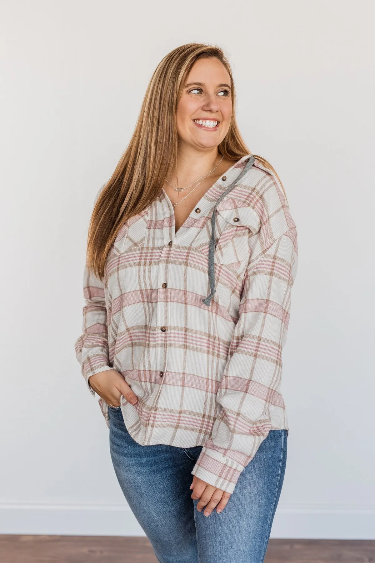 Autumn Is Calling Hooded Plaid Top- Oatmeal, Pink, & Brown