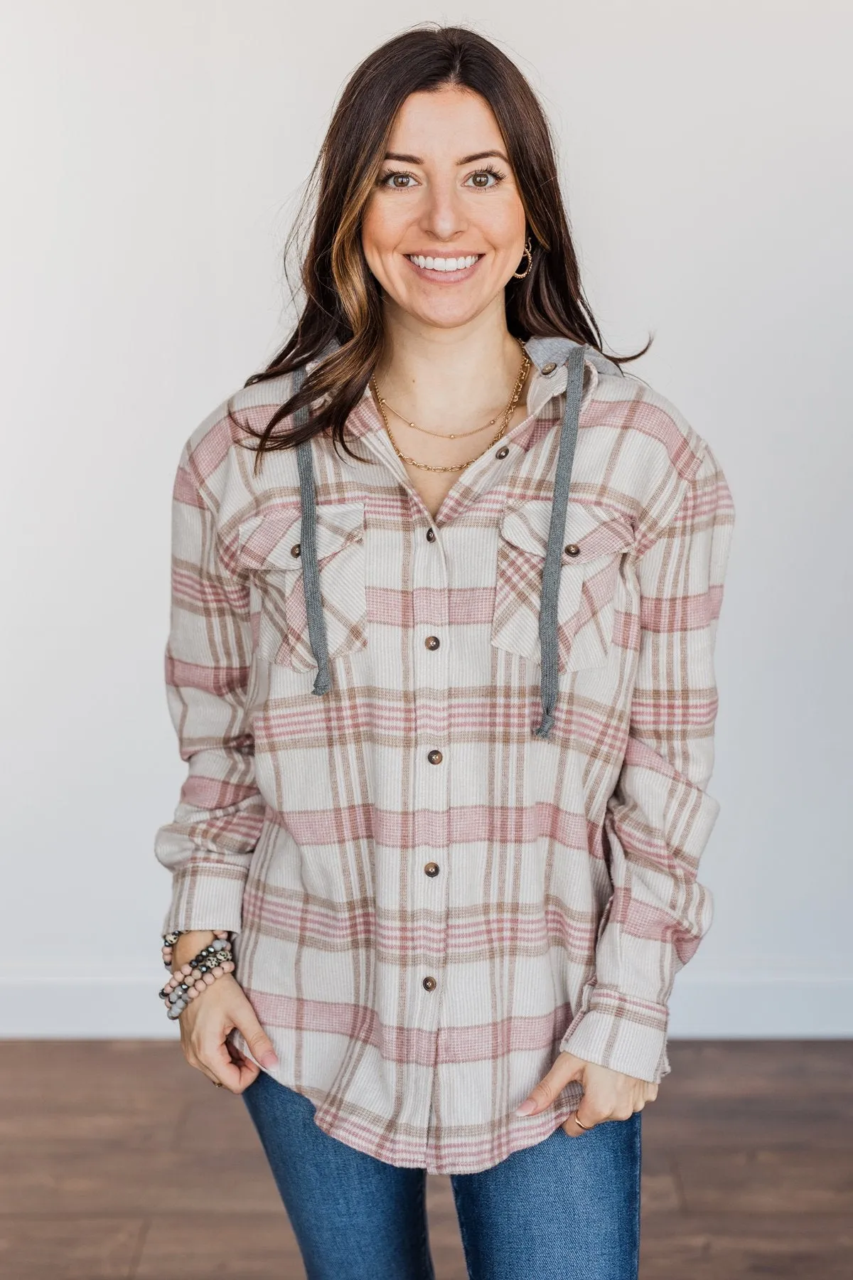 Autumn Is Calling Hooded Plaid Top- Oatmeal, Pink, & Brown