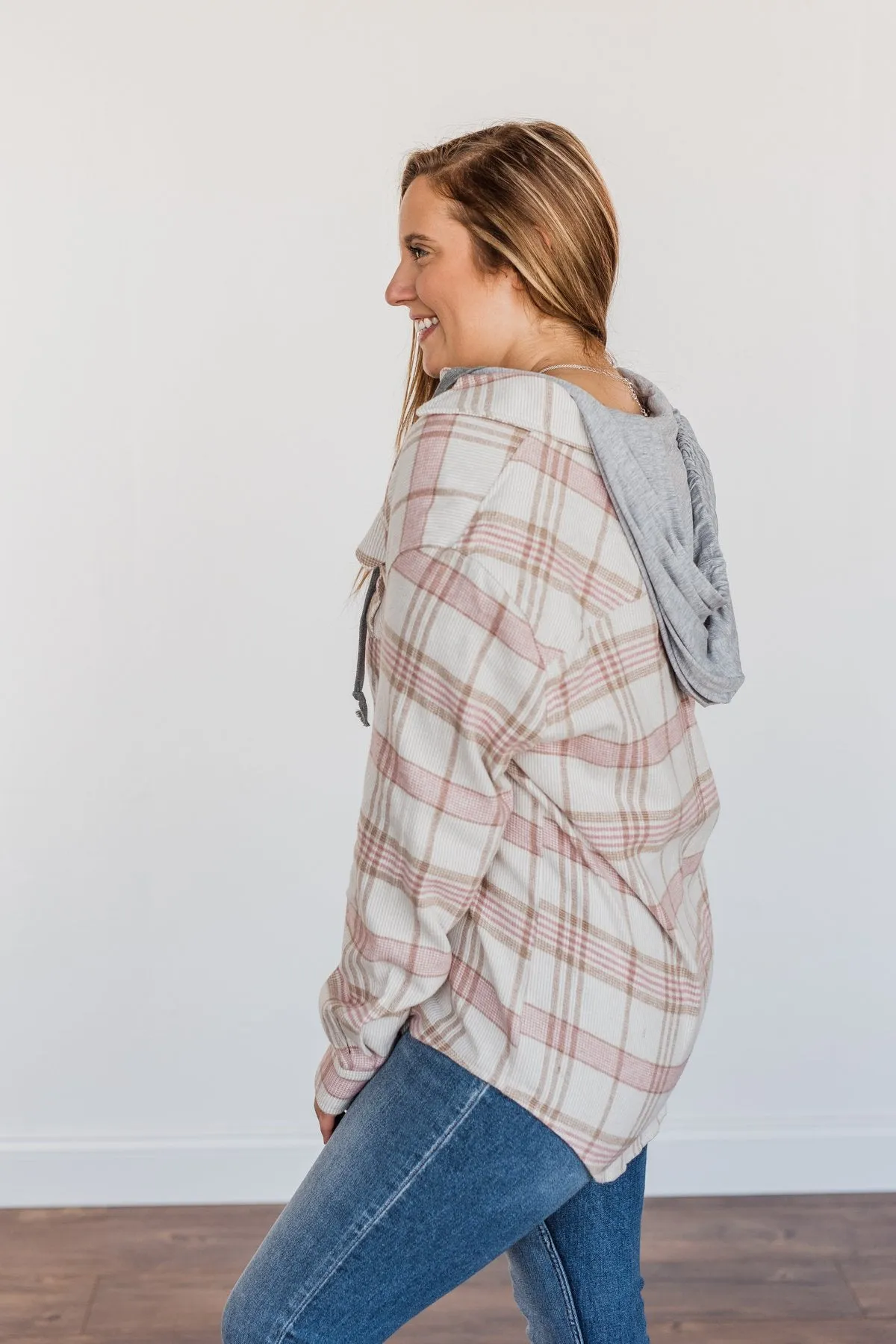 Autumn Is Calling Hooded Plaid Top- Oatmeal, Pink, & Brown