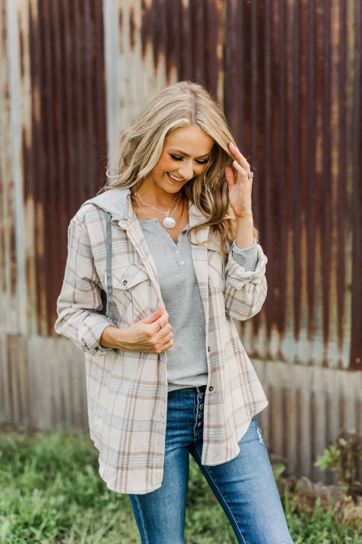 Autumn Is Calling Hooded Plaid Top- Oatmeal, Taupe, & Blue