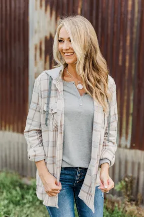 Autumn Is Calling Hooded Plaid Top- Oatmeal, Taupe, & Blue