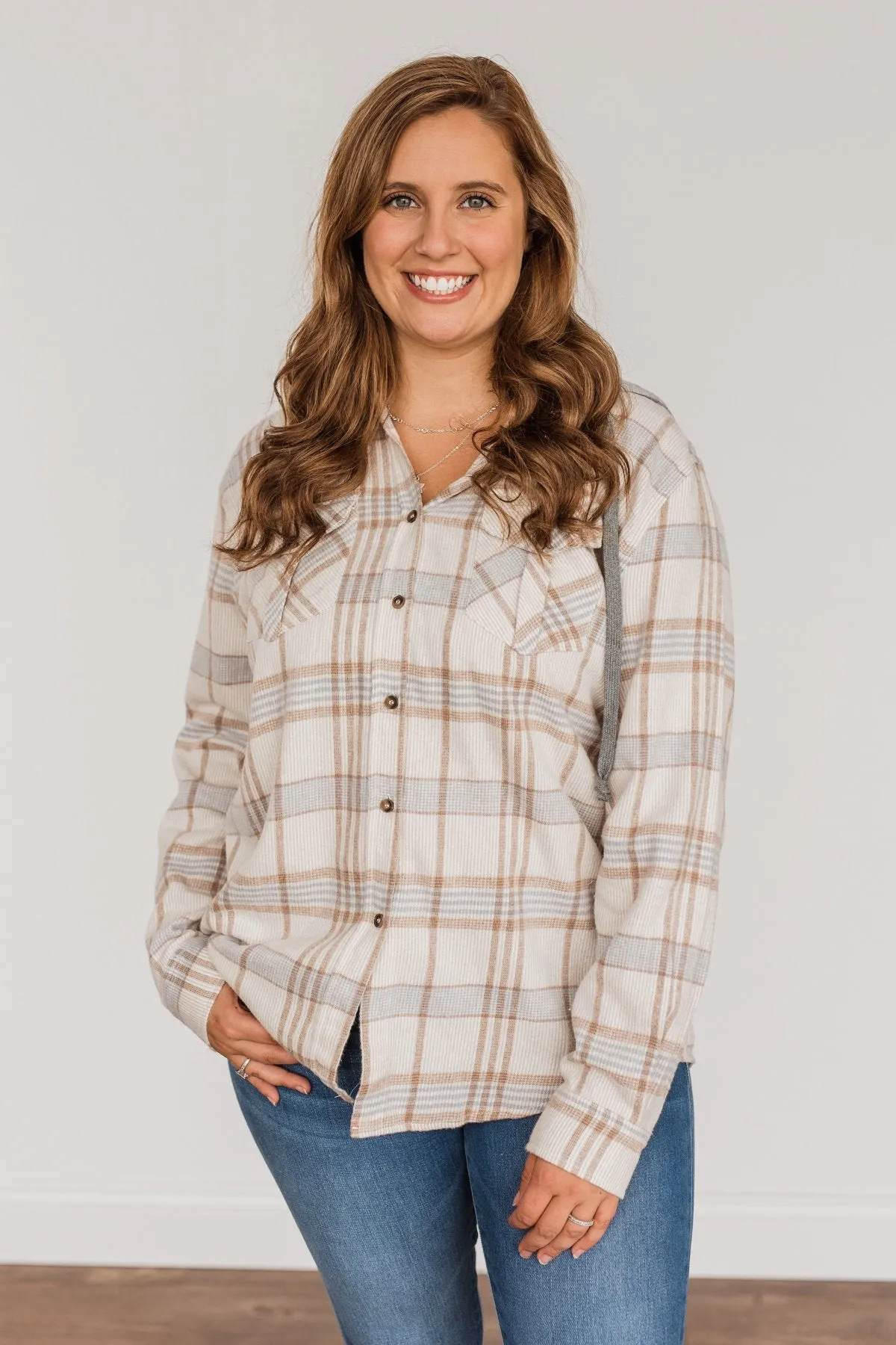 Autumn Is Calling Hooded Plaid Top- Oatmeal, Taupe, & Blue