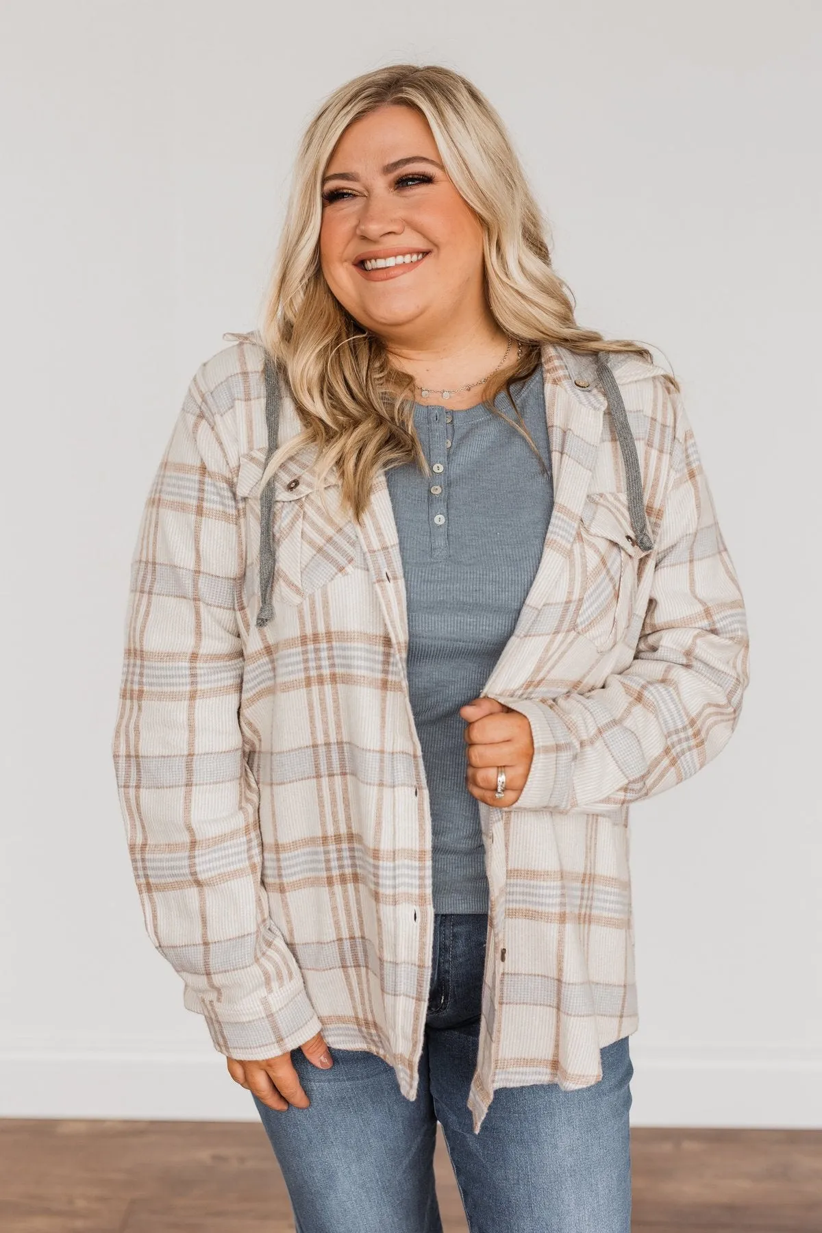 Autumn Is Calling Hooded Plaid Top- Oatmeal, Taupe, & Blue