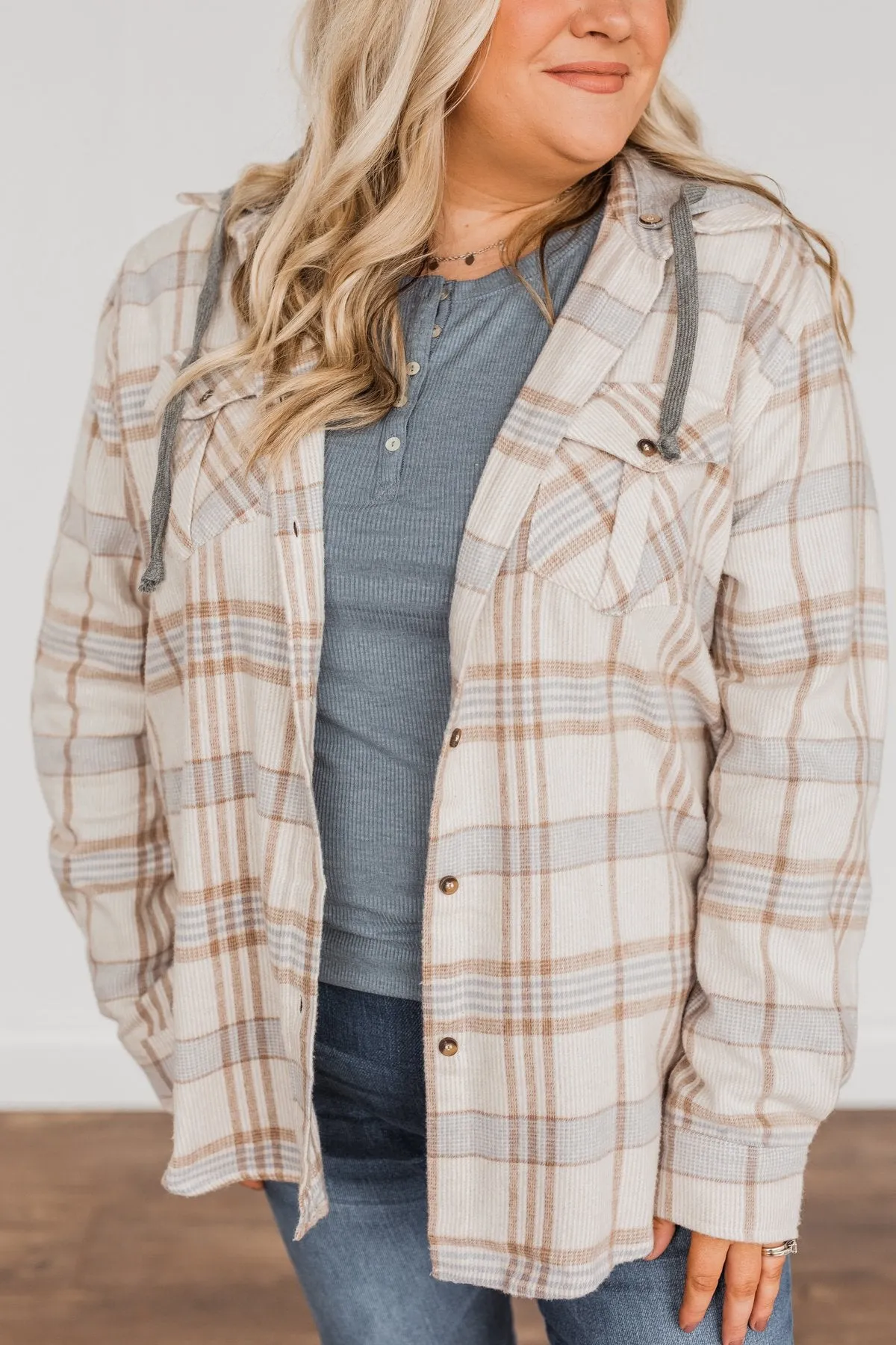 Autumn Is Calling Hooded Plaid Top- Oatmeal, Taupe, & Blue