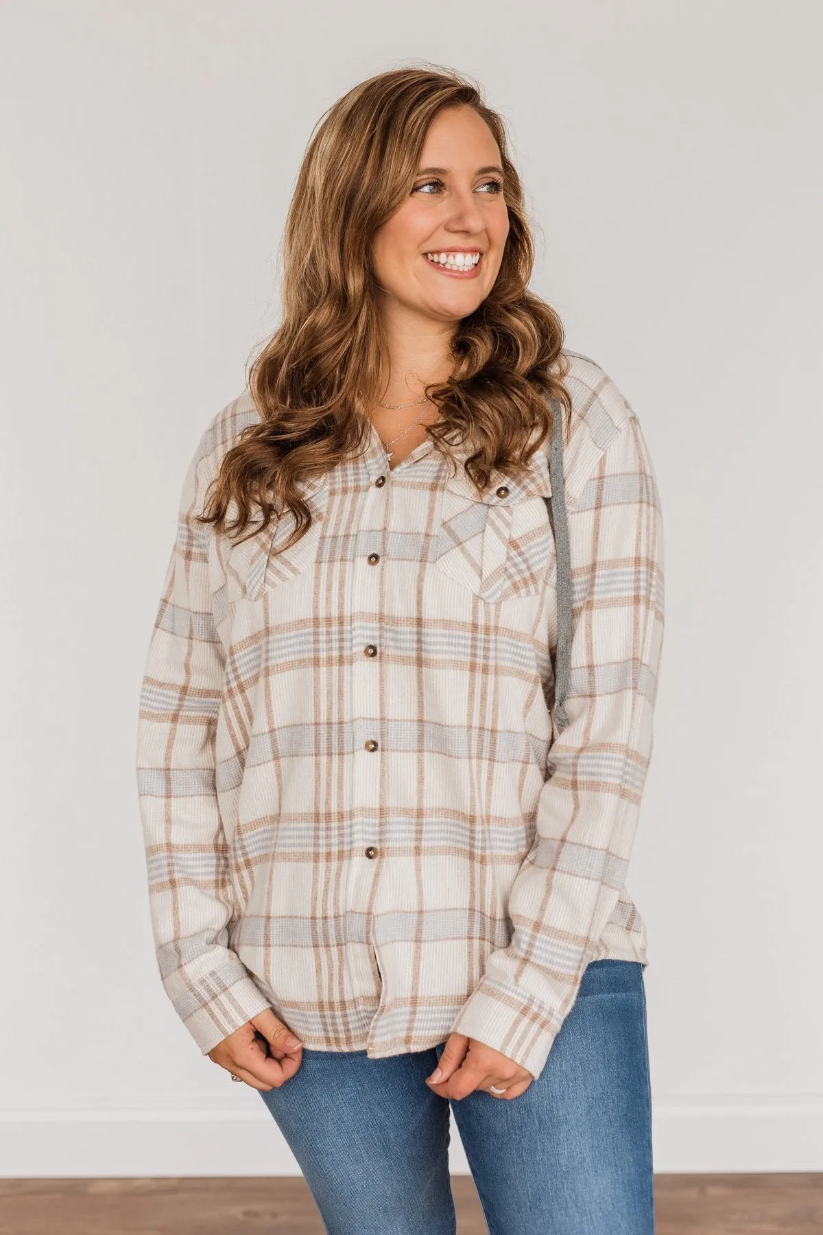 Autumn Is Calling Hooded Plaid Top- Oatmeal, Taupe, & Blue