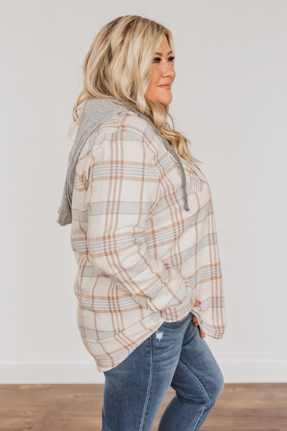 Autumn Is Calling Hooded Plaid Top- Oatmeal, Taupe, & Blue