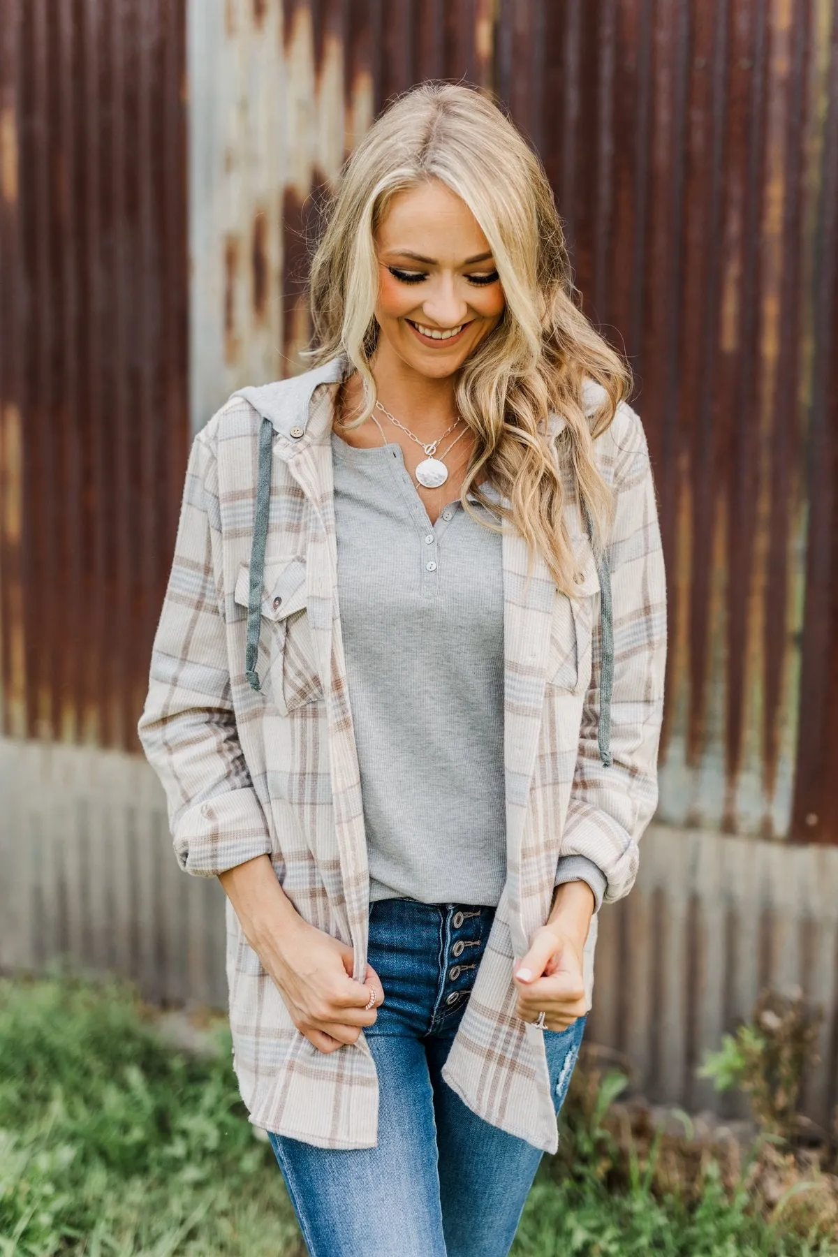 Autumn Is Calling Hooded Plaid Top- Oatmeal, Taupe, & Blue