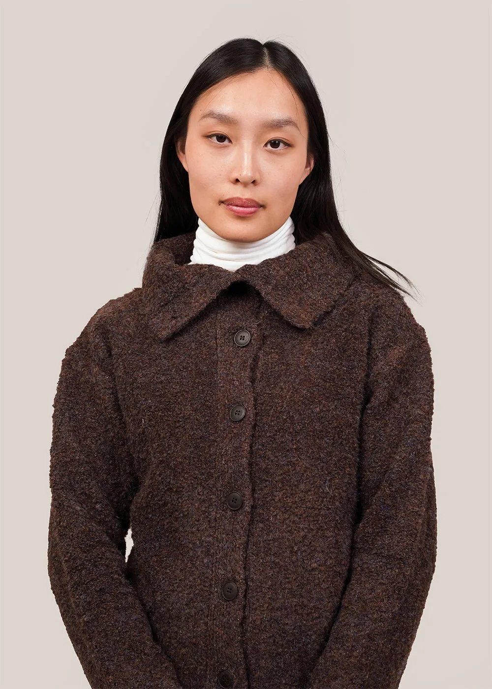 Brown Spread Collar Boucle Cardigan