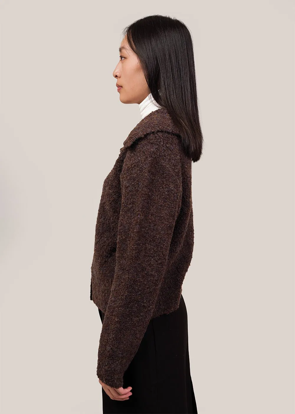 Brown Spread Collar Boucle Cardigan