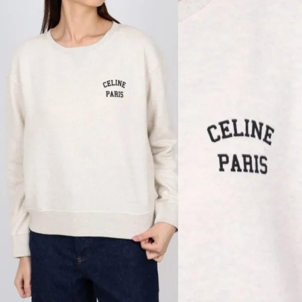 CELINE  |Crew Neck Street Style Long Sleeves Plain Cotton Logo