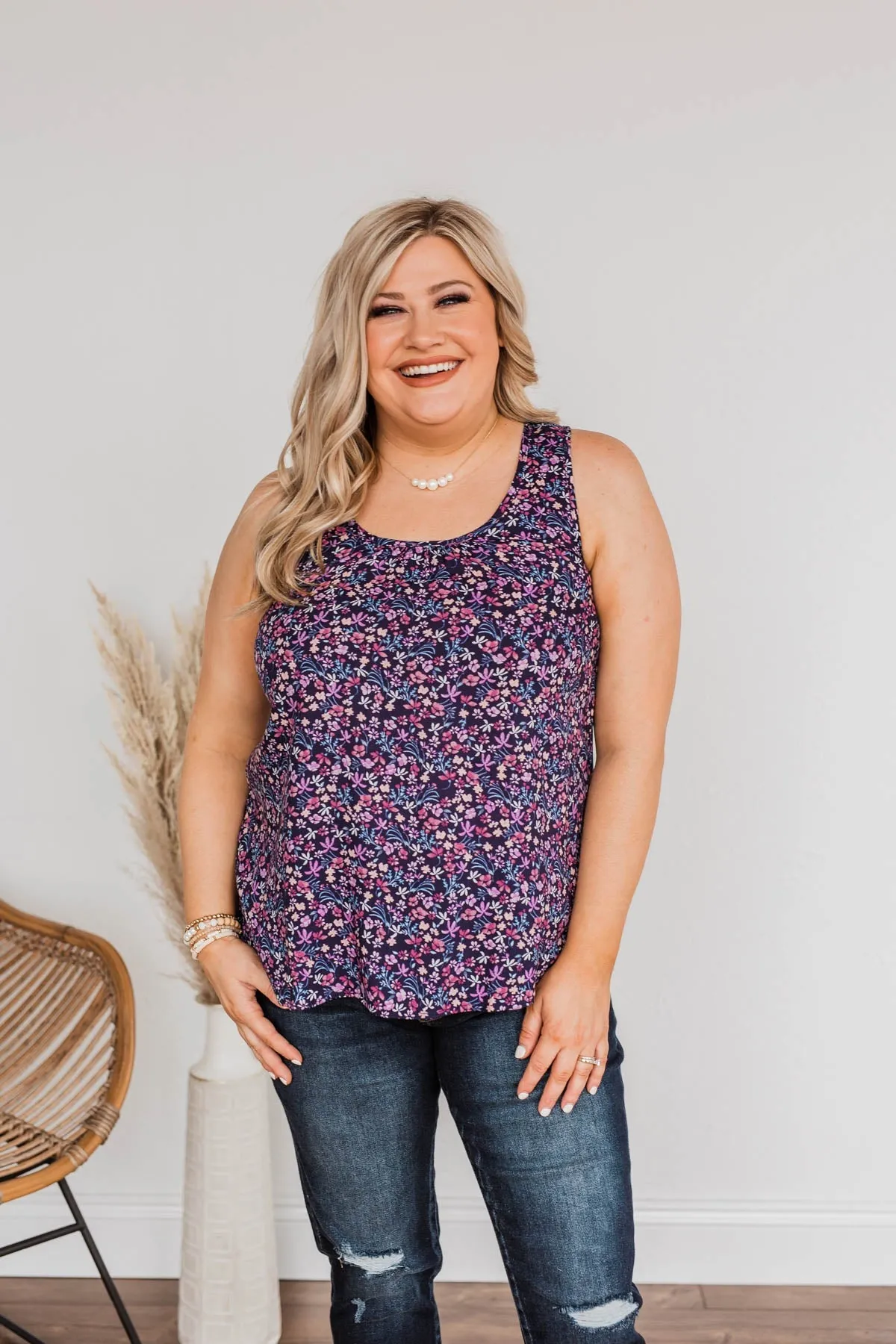 Cherry Pie & Summer Skies Floral Tank Top- Navy