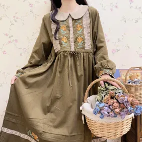 Clara Corduroy Cottagecore Dress with Embroidery