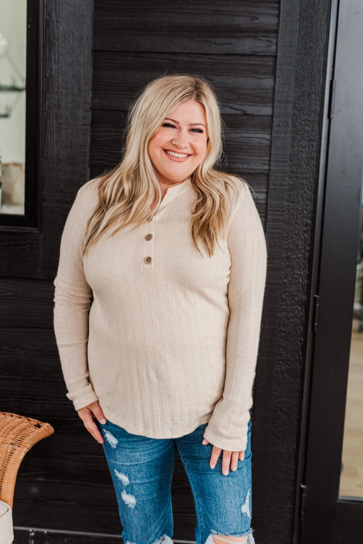 Cozy Up Close Button Henley Top- Cream