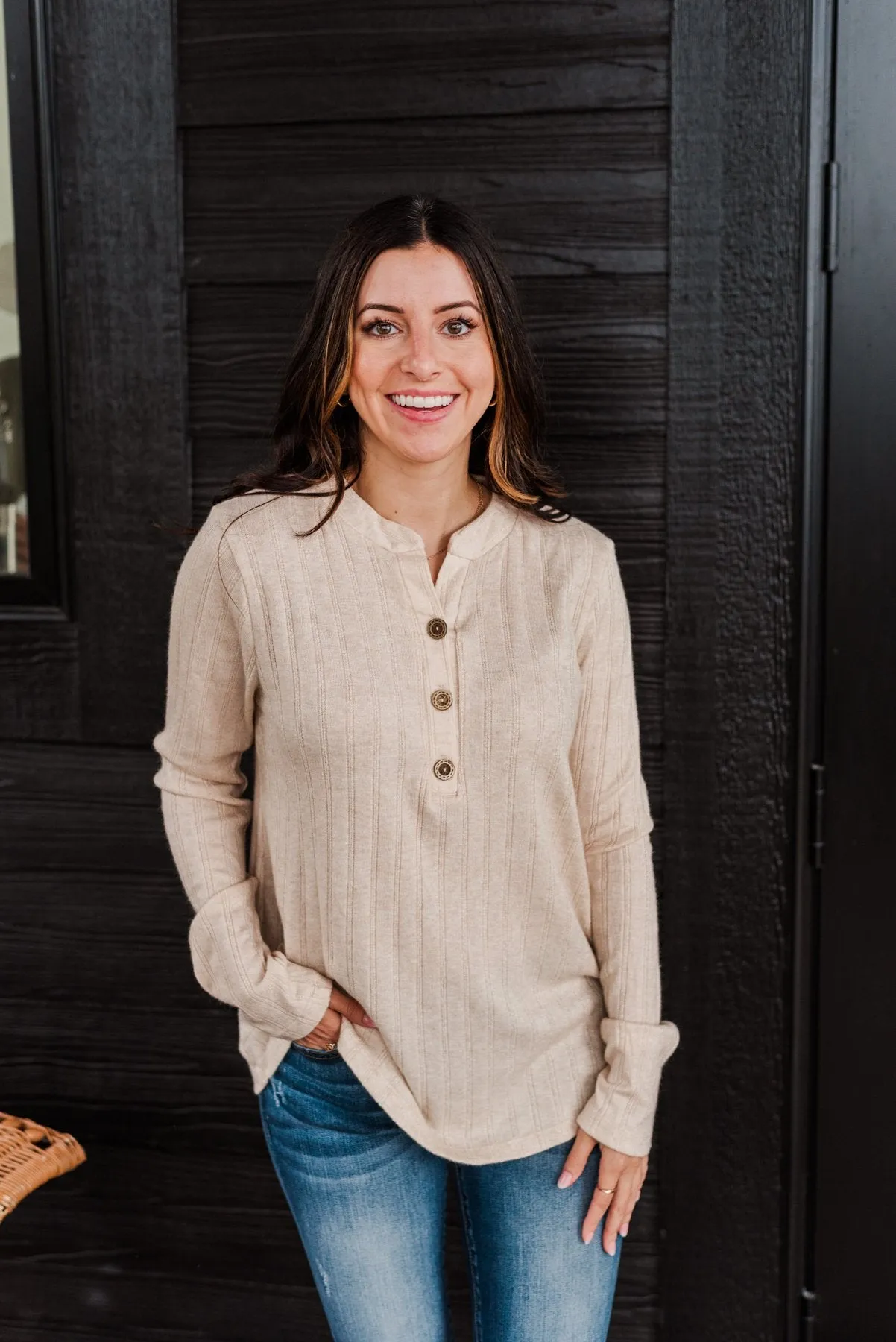 Cozy Up Close Button Henley Top- Cream