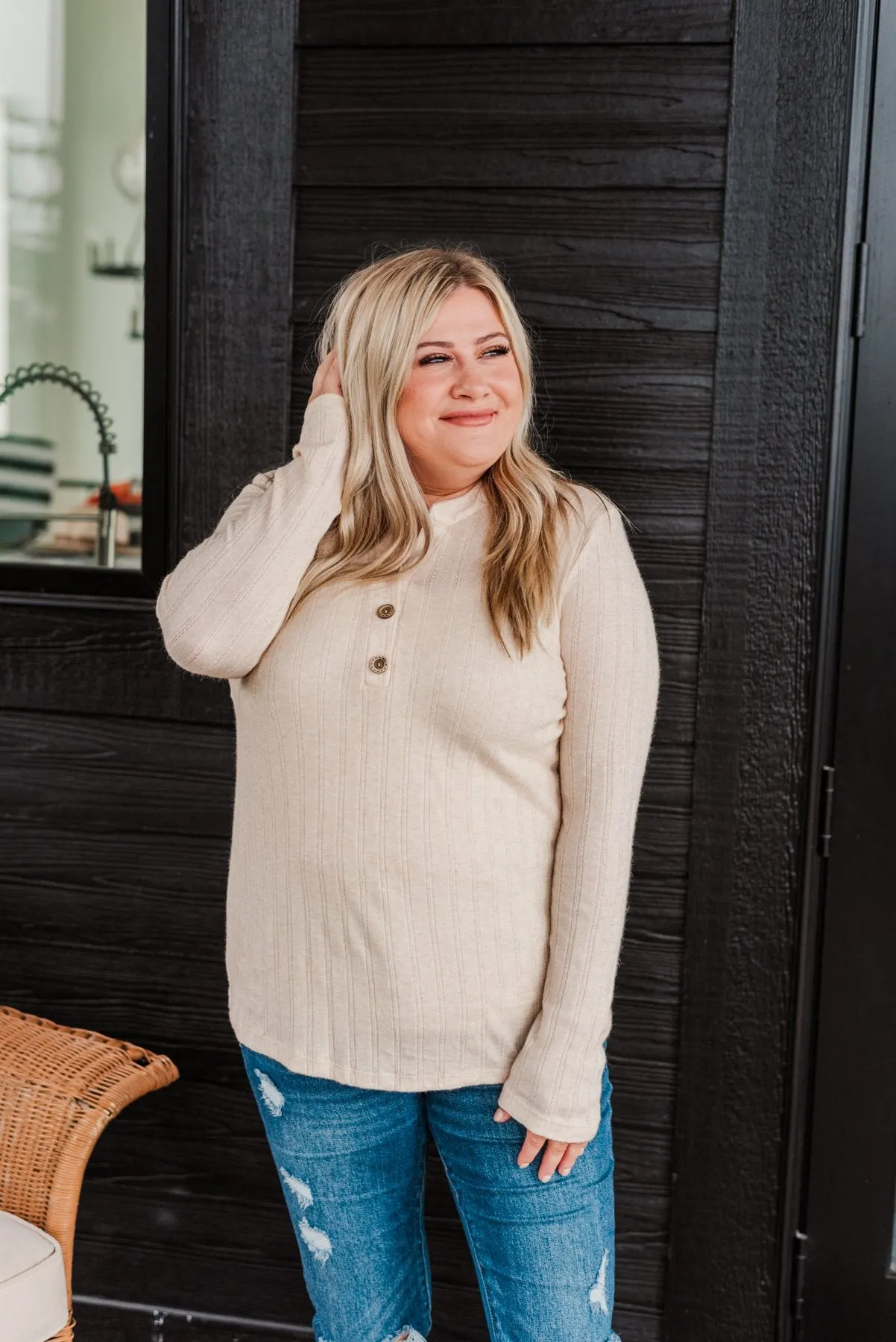 Cozy Up Close Button Henley Top- Cream