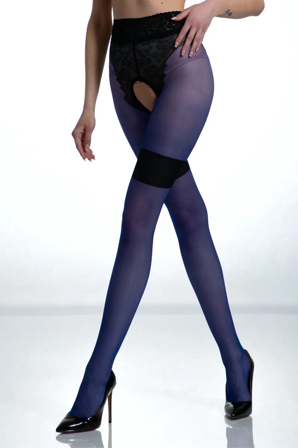 Diva Very Peri/Black Crotchless Tights 30 Denier