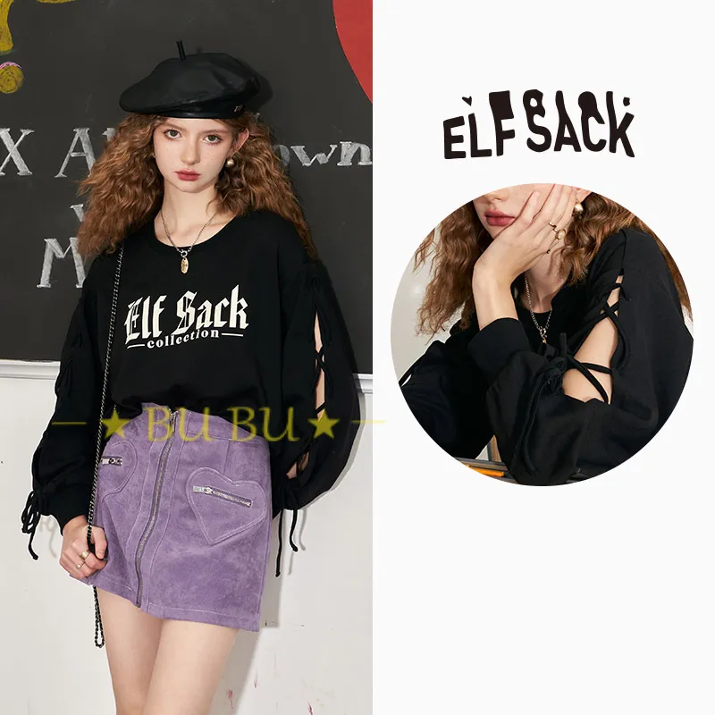 ELF SACK  |Crew Neck Monogram Street Style Long Sleeves Cotton