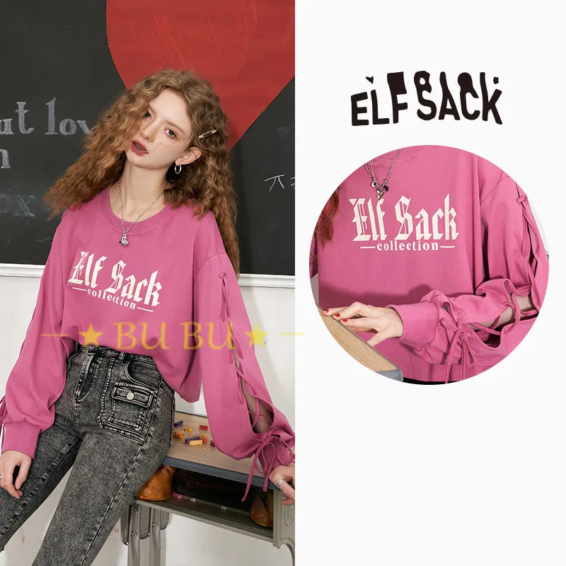 ELF SACK  |Crew Neck Monogram Street Style Long Sleeves Cotton