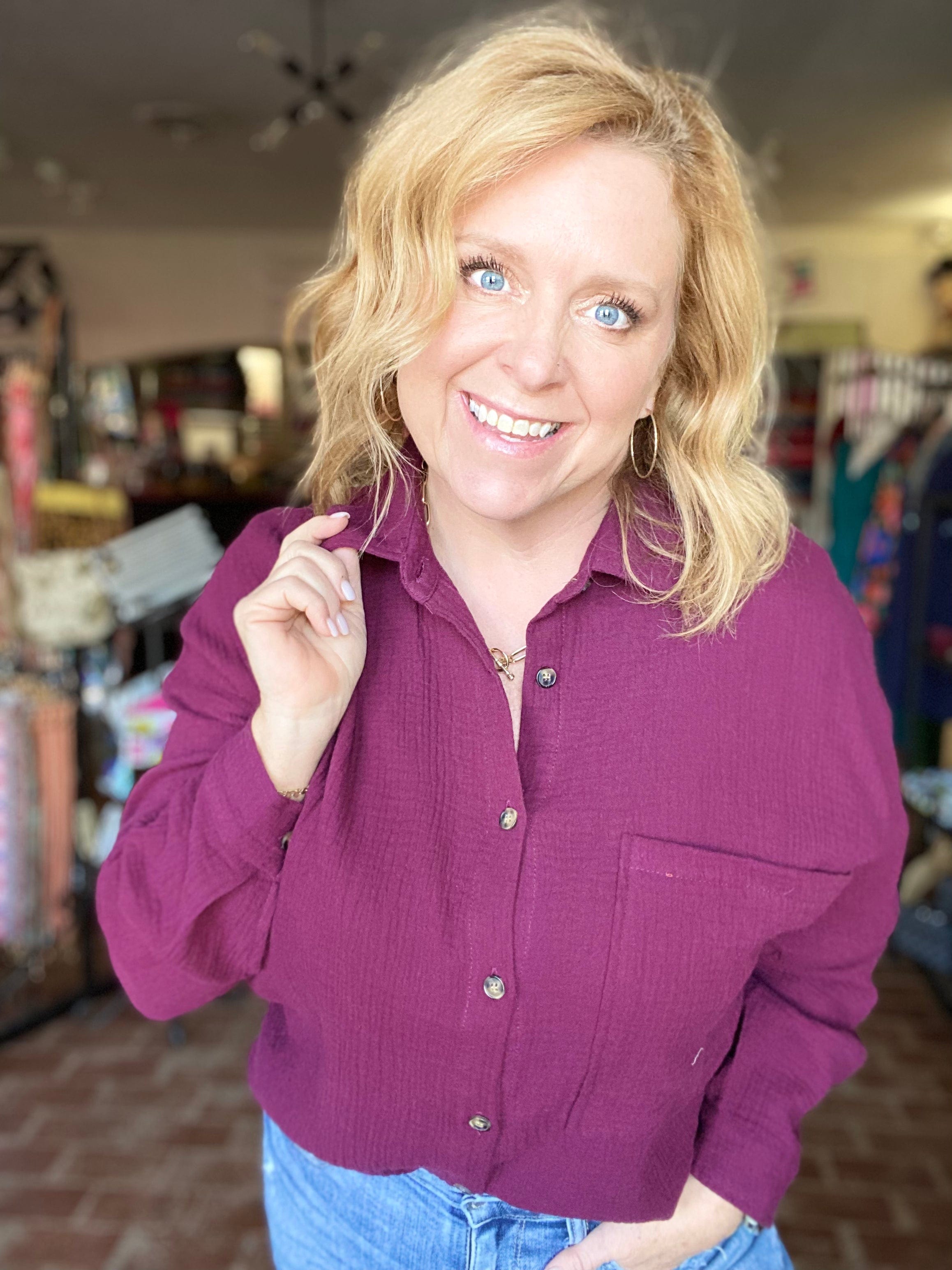 Gauzy Button Down Plum Top