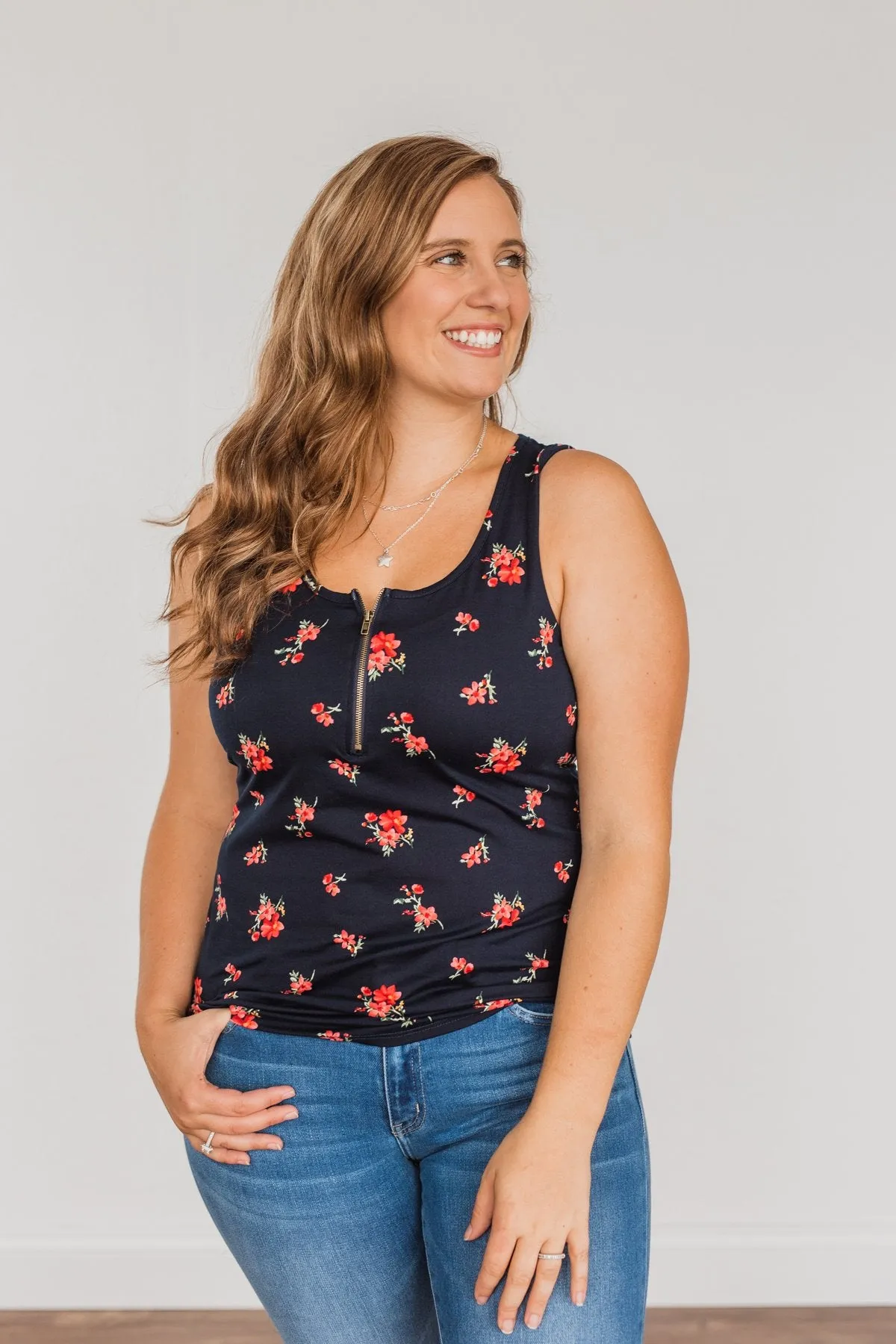 Girls Just Want To Have Fun Zipper Henley Tank- Navy