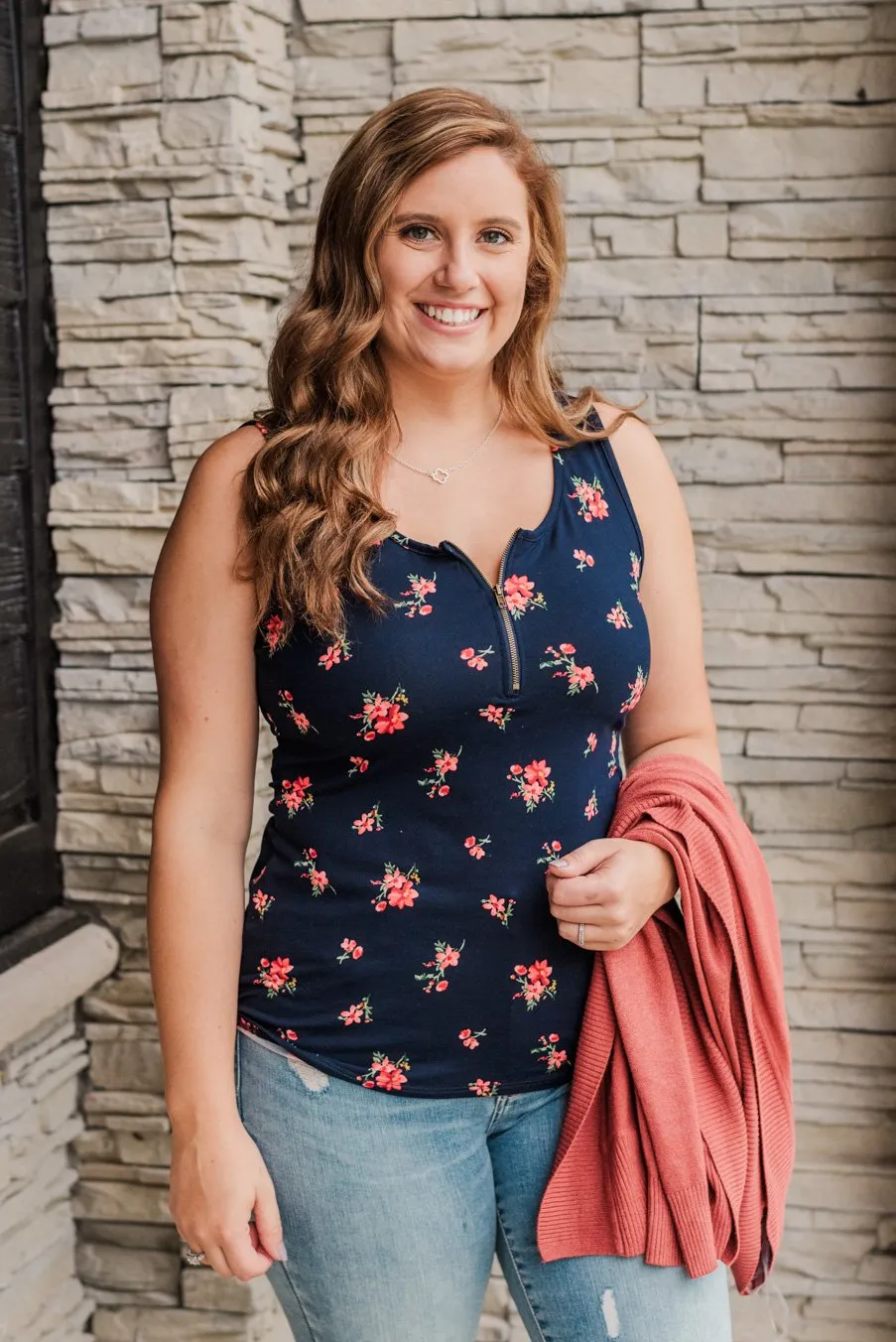 Girls Just Want To Have Fun Zipper Henley Tank- Navy