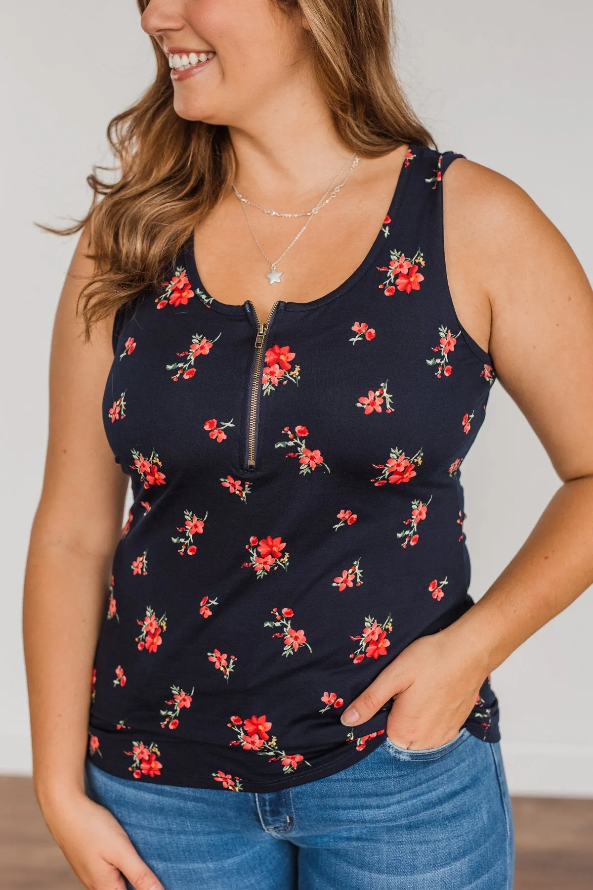 Girls Just Want To Have Fun Zipper Henley Tank- Navy