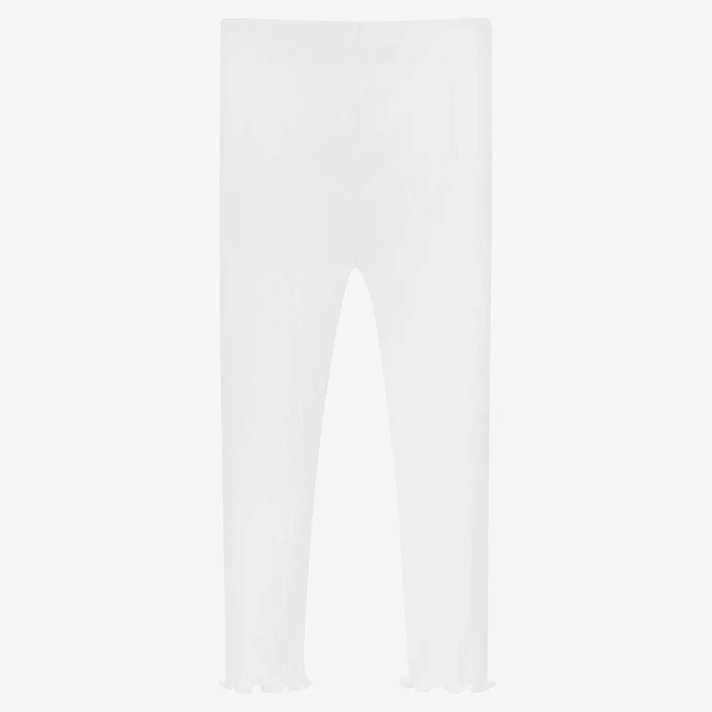 Girls White Ribbed Leggings