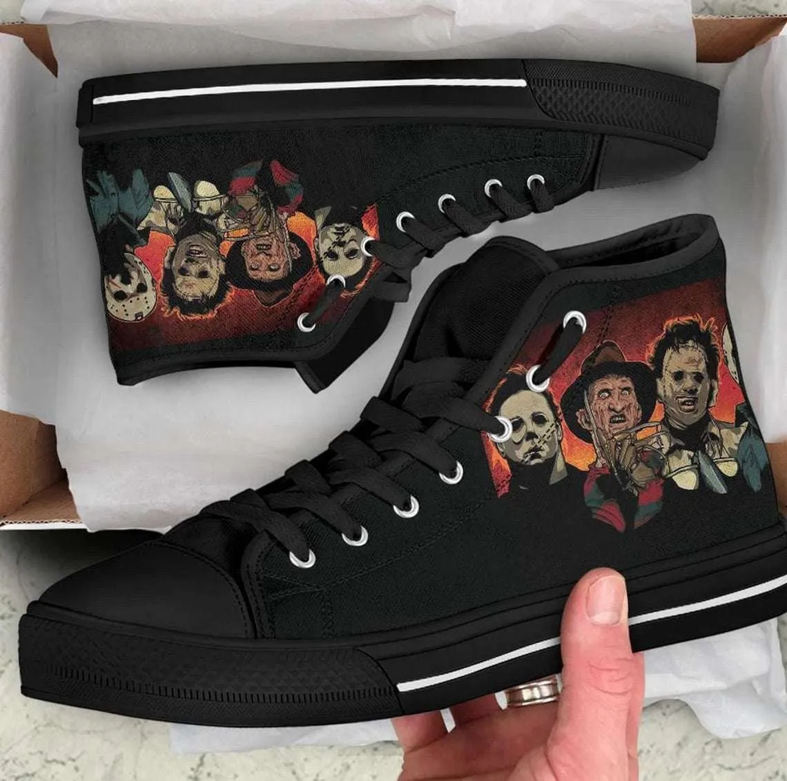 Halloween Horror Custom Canvas High Top Shoes – Horror Movie Legends Freddy Krueger Michael Myers Leatherface – 90Sf