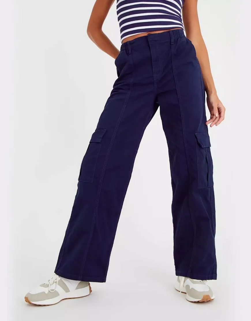 High Rise Wide Leg Cargo Denim Trouser Navy Blue