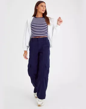 High Rise Wide Leg Cargo Denim Trouser Navy Blue