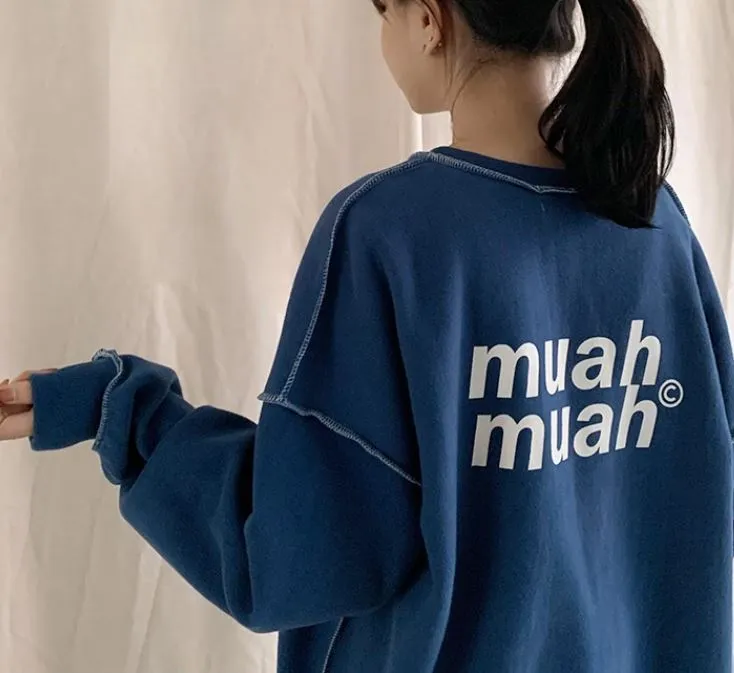 muahmuah  |Street Style Long Sleeves Plain Cotton Oversized Logo