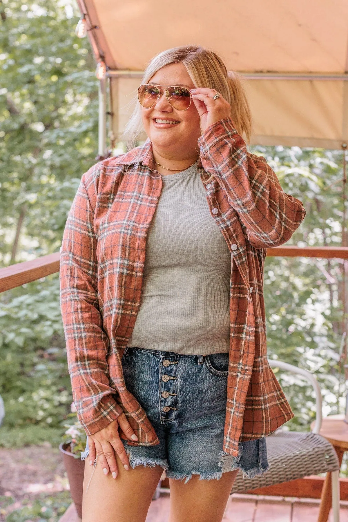 Never Stop Exploring Button Down Top- Rust & Blue