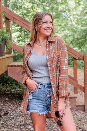 Never Stop Exploring Button Down Top- Rust & Blue