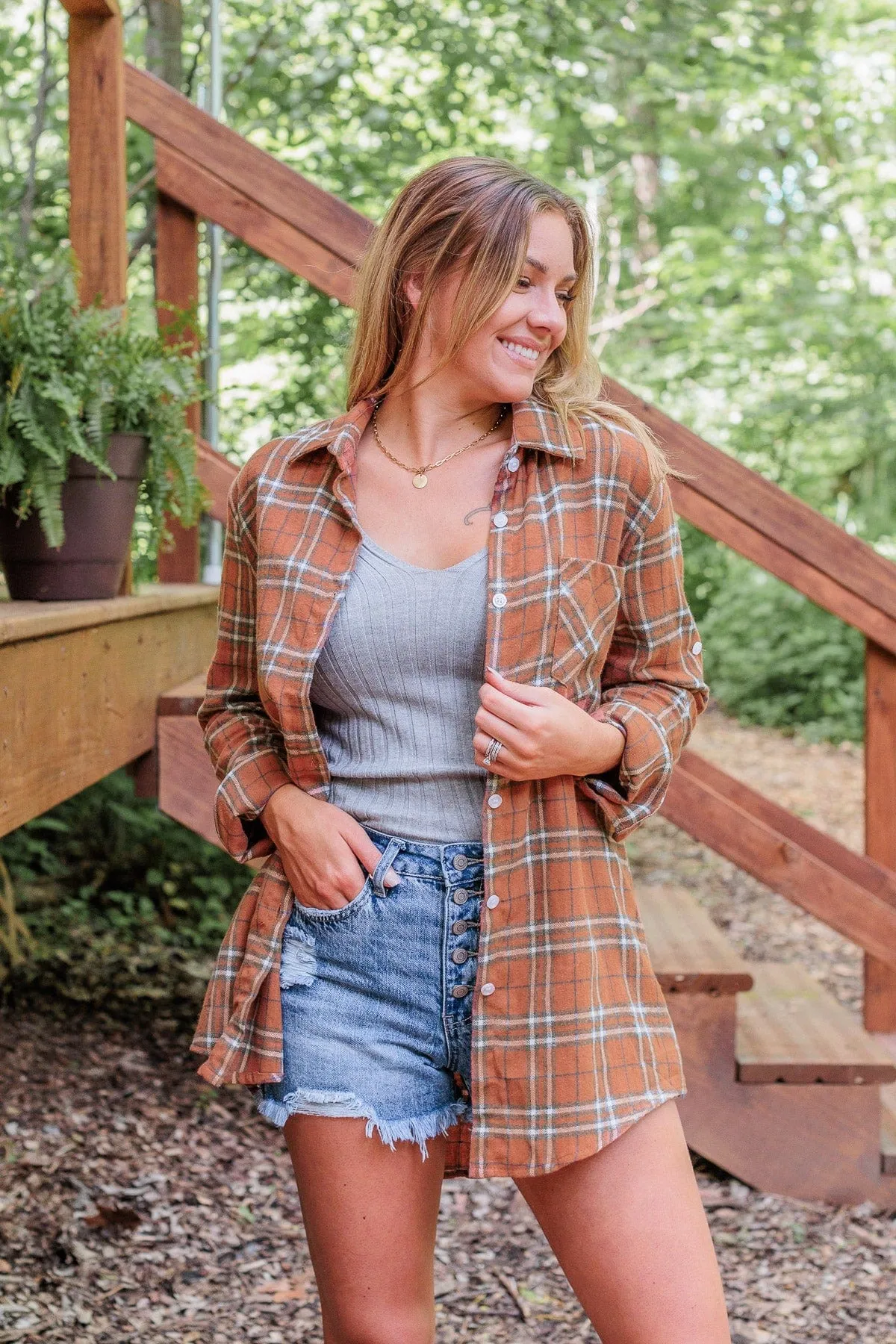 Never Stop Exploring Button Down Top- Rust & Blue