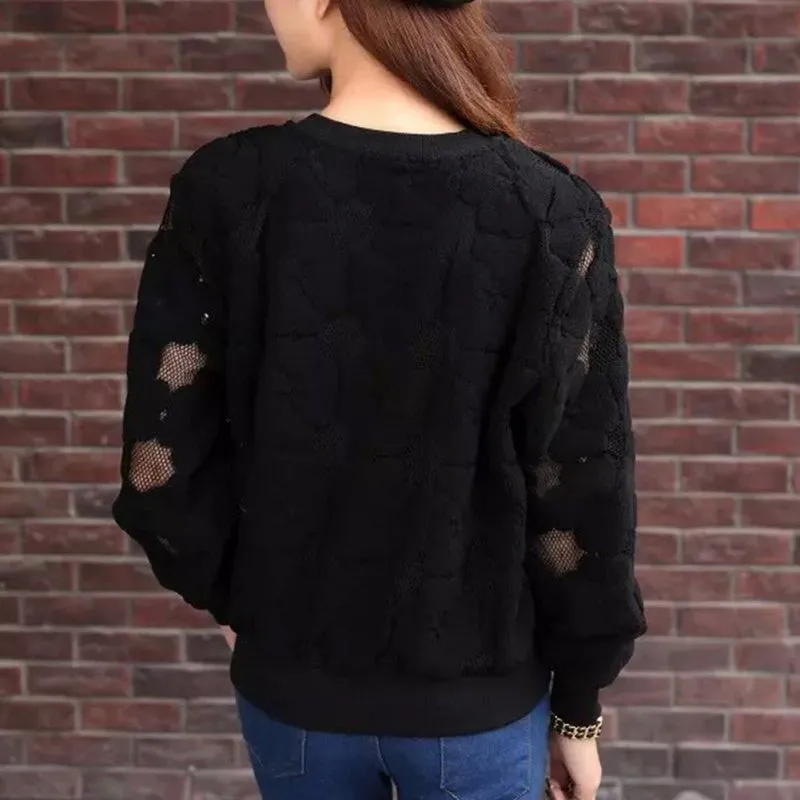 New Casual Round Neck Hedging Sweatshirt Women Lace Hollow Out Hoodies Loose All-Match Bottoming Sudaderas Plus Size SM6