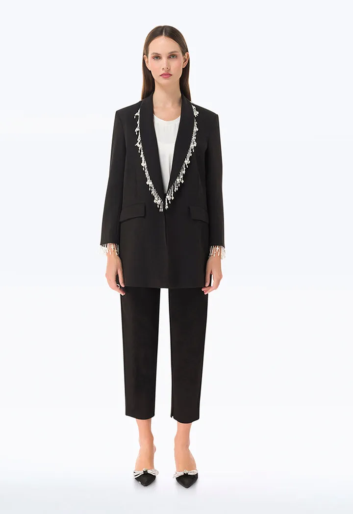 Pearl Embellished Blazer With Flap Pockets