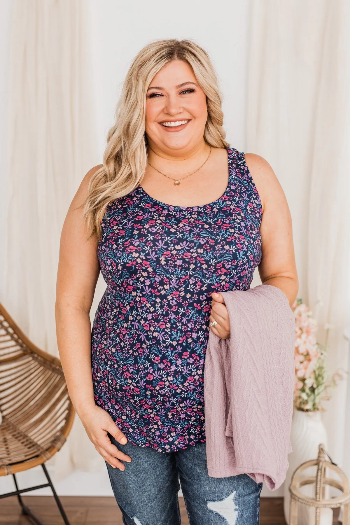 Pretty In Petals Floral Tank Top- Navy