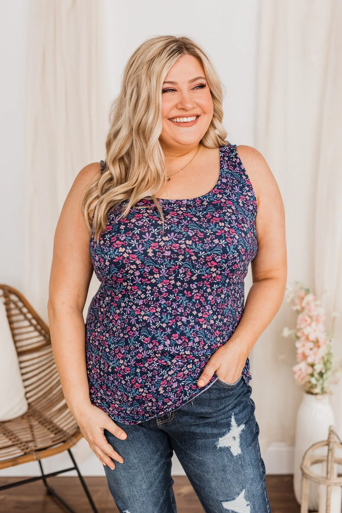 Pretty In Petals Floral Tank Top- Navy