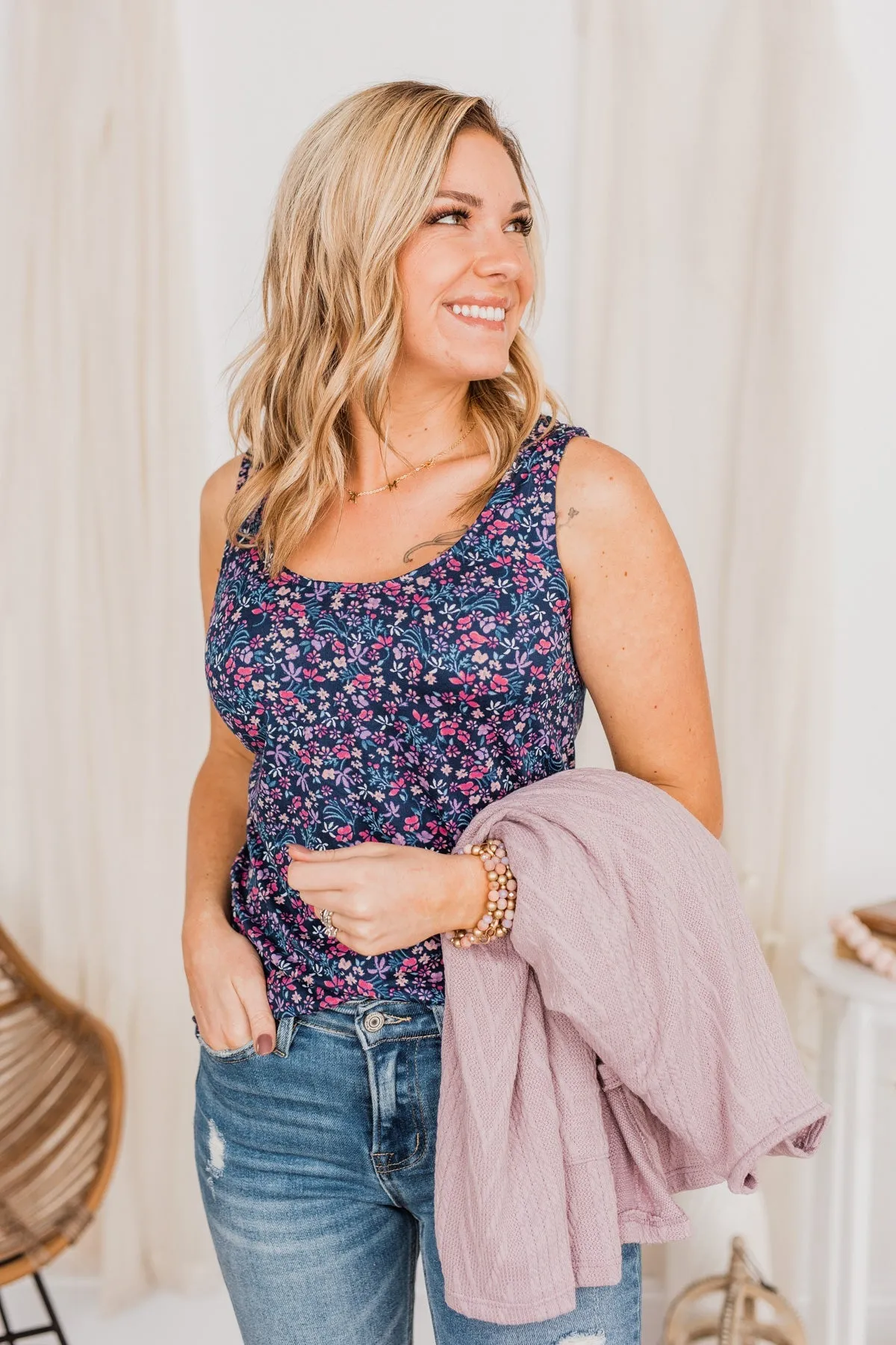 Pretty In Petals Floral Tank Top- Navy